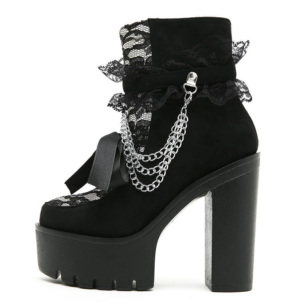 Gdgydh Gothic Vintage Lace Ankle Boots for Women Floral Pattern Chunky Heel Platform Boots with Chain Dress Outdoor