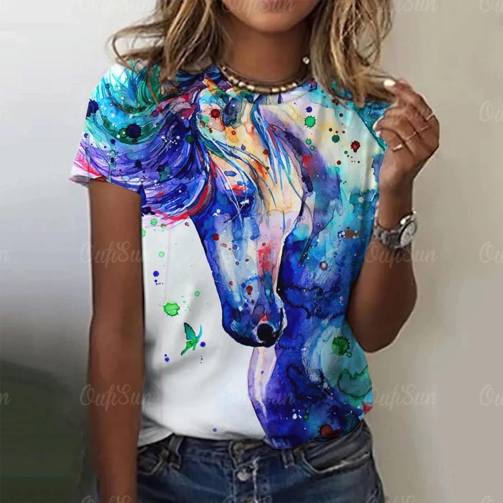 Summer Horse 3D Print T-shirts Women Streetwear Casual Fashion Oversized Short Sleeve T Shirt O-neck Tees Shirt