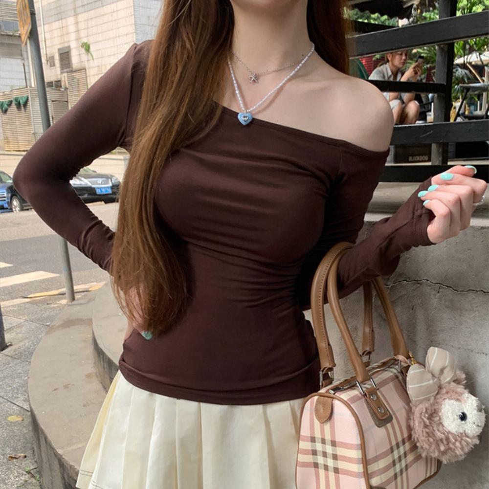 Irregular Collar Long Sleeve T-Shirt Women Basic Solid Off Shoulder TShirt