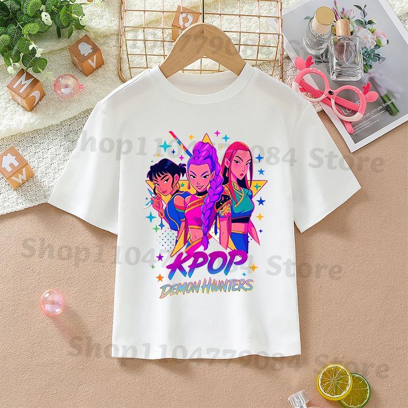 K-pop Demon Hunters White T-shirts for Girls Anime Cartoon Cute Short Sleeved Shirt Children Summer Fashion Sweet T-shirt Gifts