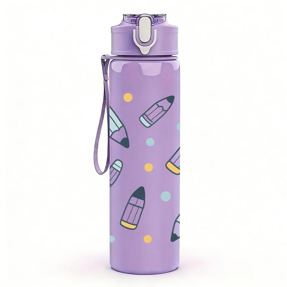 1PC Pen Pencil Stationery Doodle Pattern 750ml Color Plastic Sports Water Bottle Leakproof Flip Straw Lid Suitable for Sports Office Home Use