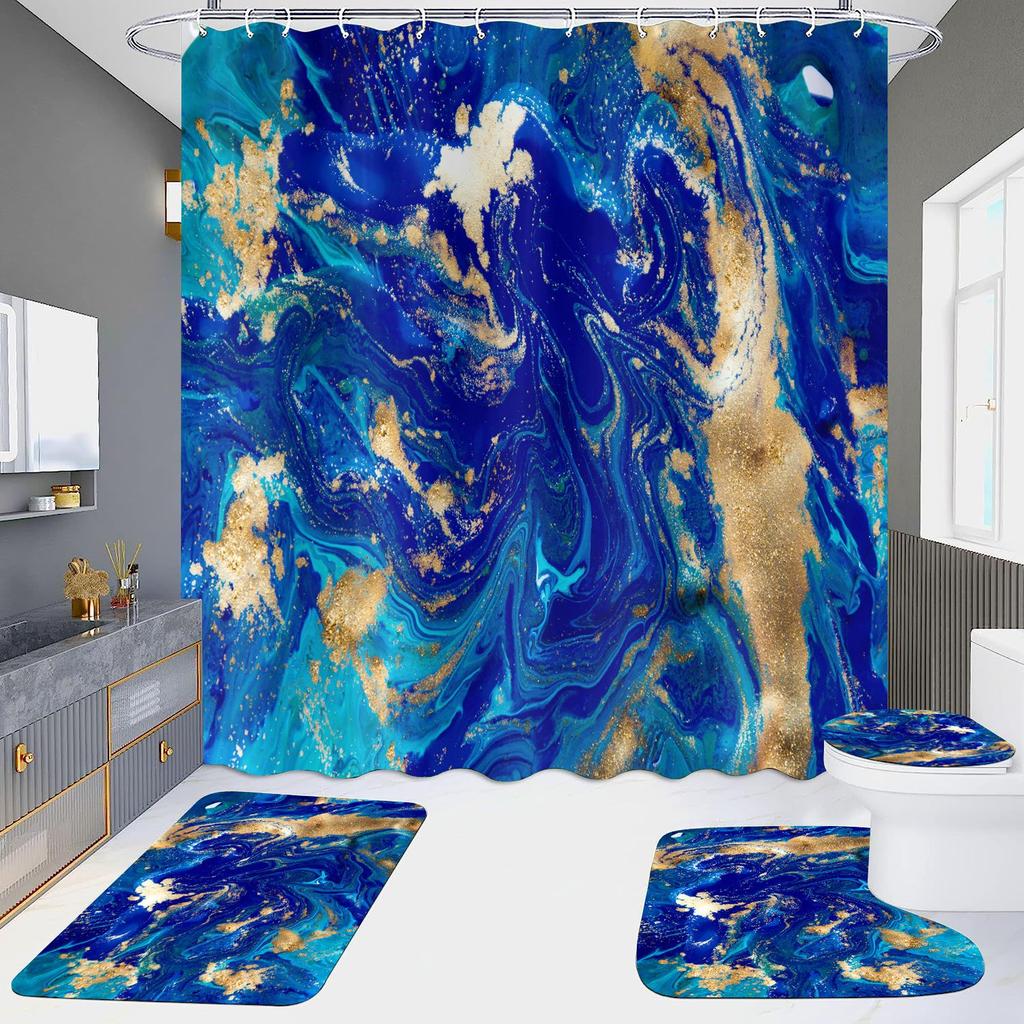 4Pcs Marble Series Shower Curtain Sets for Bathroom Non-Slip Bathroom Rugs Lid Toilet Cover Bath Mat
