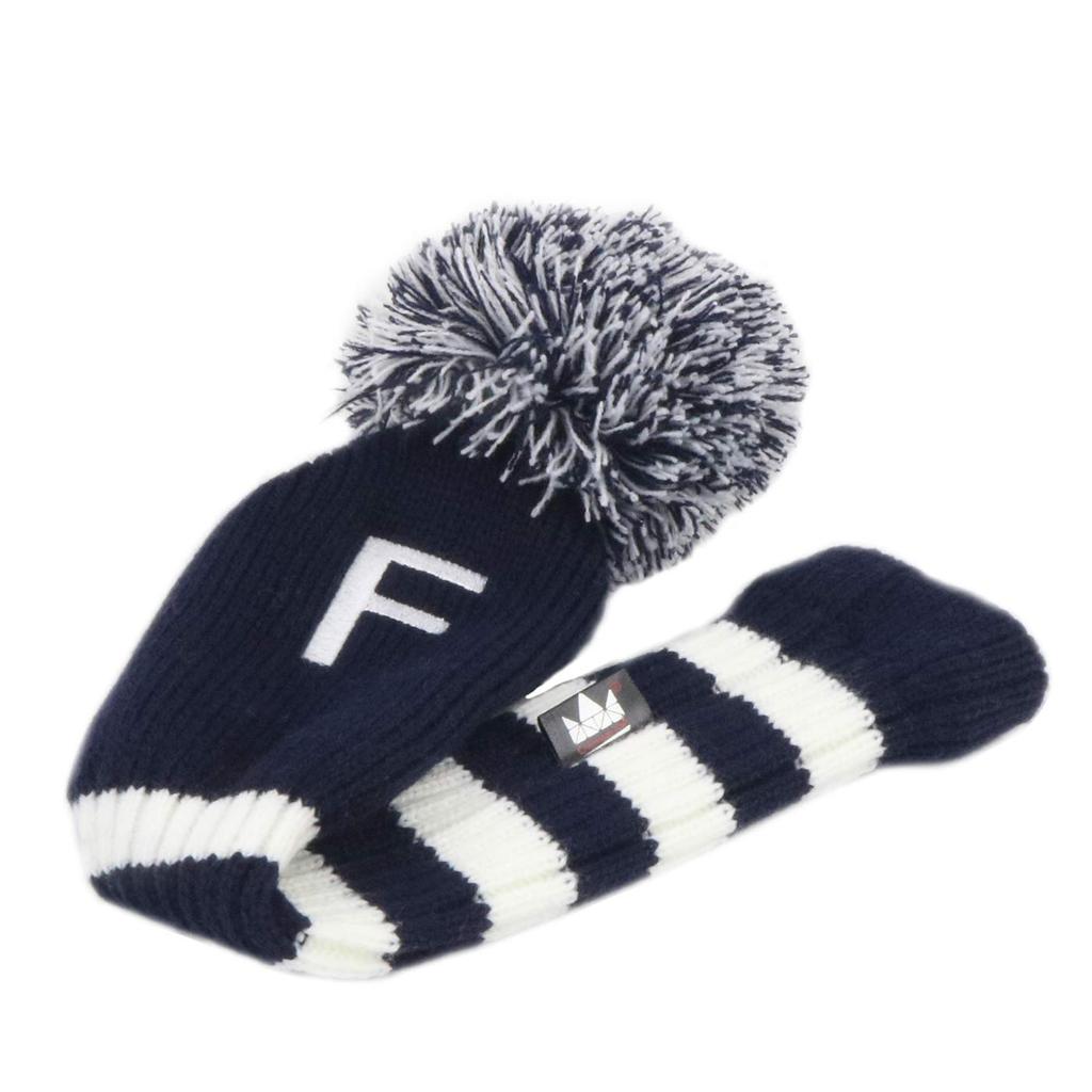 Craftsman Golf Fairway Wood Single Number Knit Club Cover, #F (3, 4, 5, 7, X) Pom-Pom Headcover, Navy/White