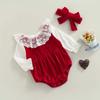 Baby Girls Two-piece Clothes Set, Wine Red Long Sleeve Lace Hem Romper and Headdress, 0-24 Months