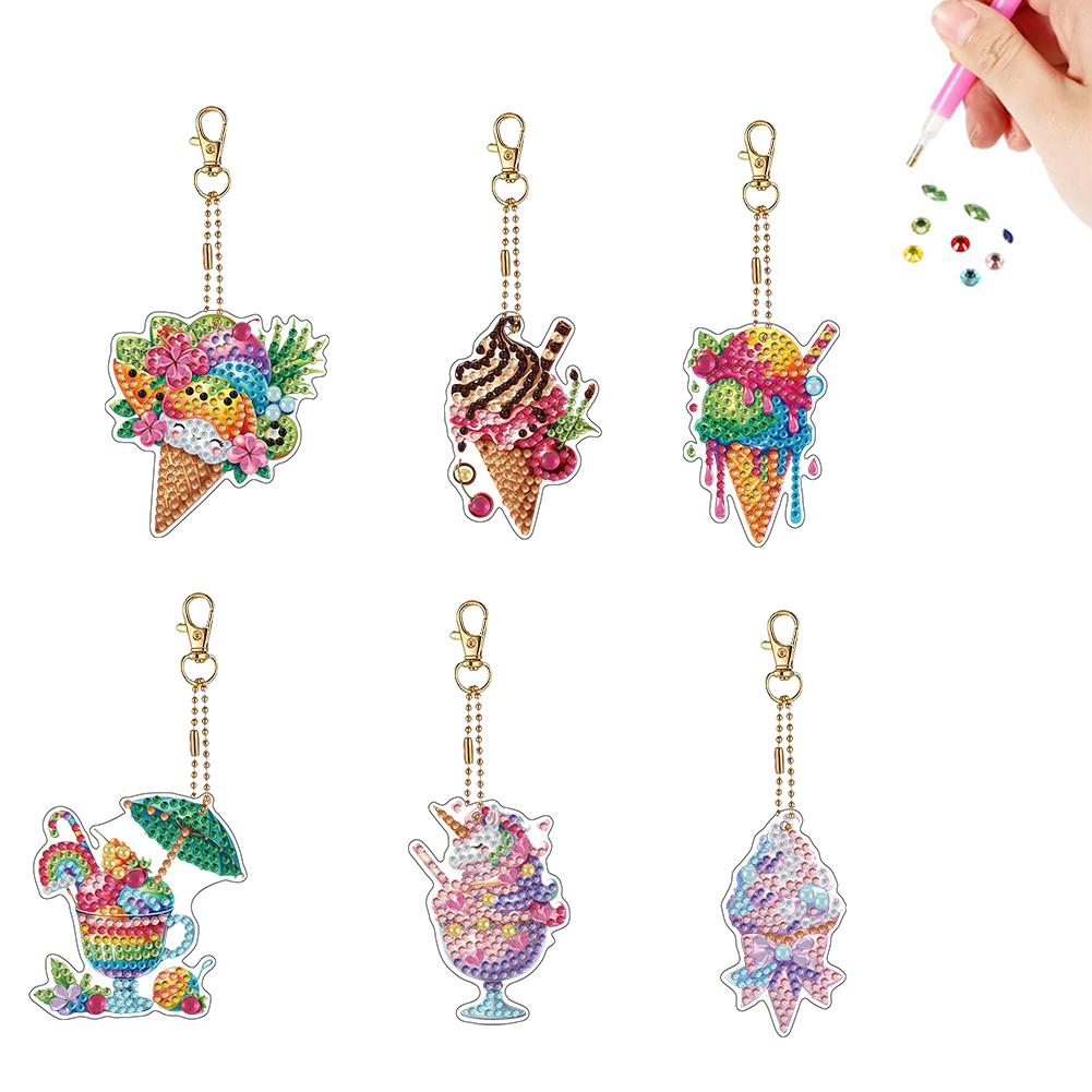 6Pcs Double Sided Special Shaped Exquisite Pattern Diamond Painting Keychain Rhinestone Painting Keychain Pendant for Beginners