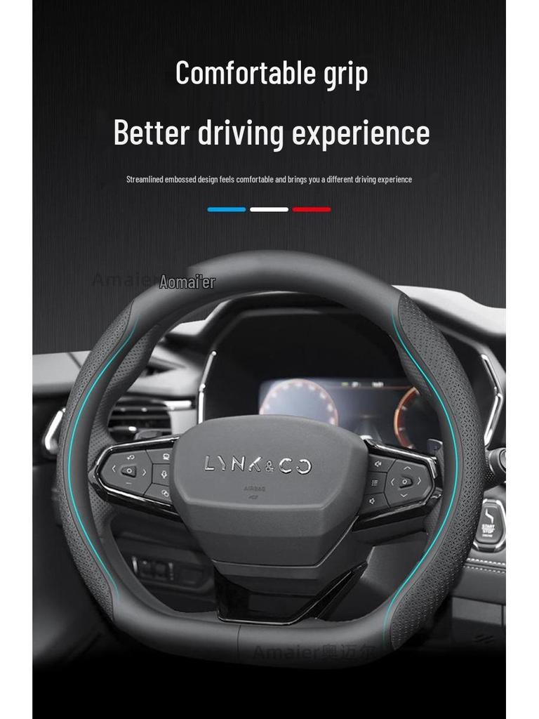 Lynk & Co Genuine Leather Steering Wheel Covers: Sizes 01, 02, 03, 05, 06, 09, All-Season, Non-Slip, Ultra-Thin.