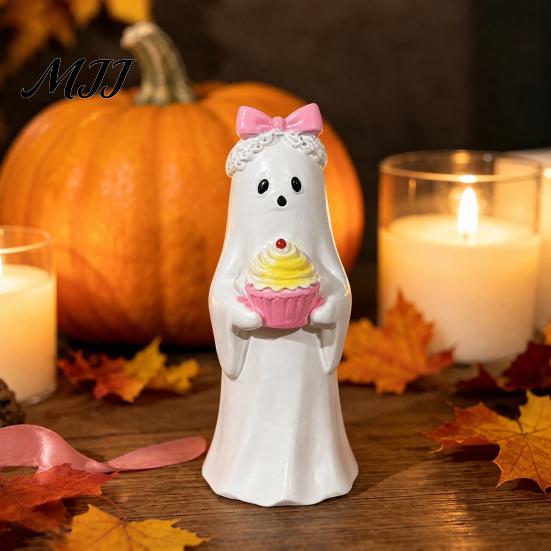 Desktop Decor for Halloween Cute Ghost Ornament, Resin Figurines with Cake/Cookie Small Statues Fireplace Design Home Holiday Party Decoration