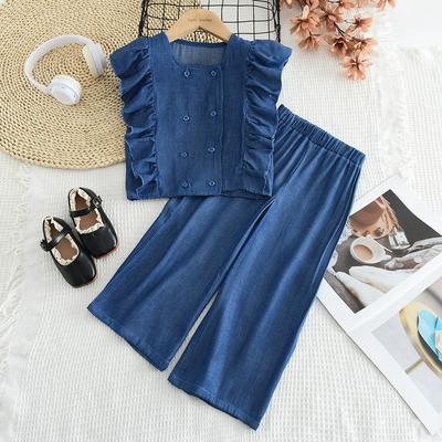 Girls' Summer Outfit, Imitation Denim Suit, Thin Design, Girls' Flying Sleeve Top, Pants Two-piece Set, Stylish