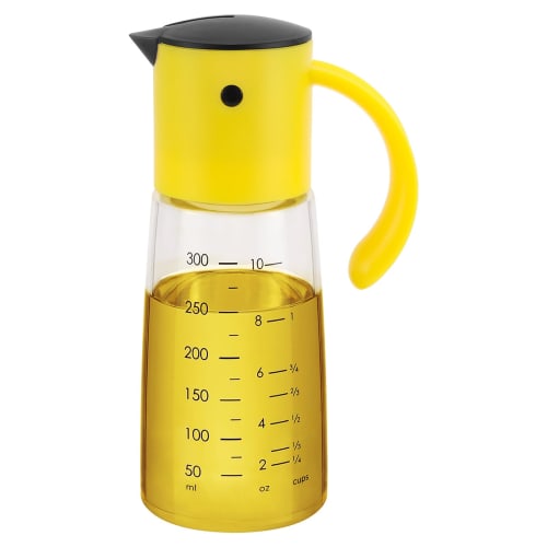 VKCHEF Oil Bottle, Yellow, Drip-Free Glass Bottle, Vinegar Bottle, Dressing Bottle, Soy Sauce Dispenser, One-Hand Oil Dispenser, Oil Pot with Automati