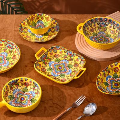 Household Ceramic Tableware Bohemian Plate Enchanting Yellow Flower Soup Bowl Plate Wholesale Vintage High Appearance Rice Bowl