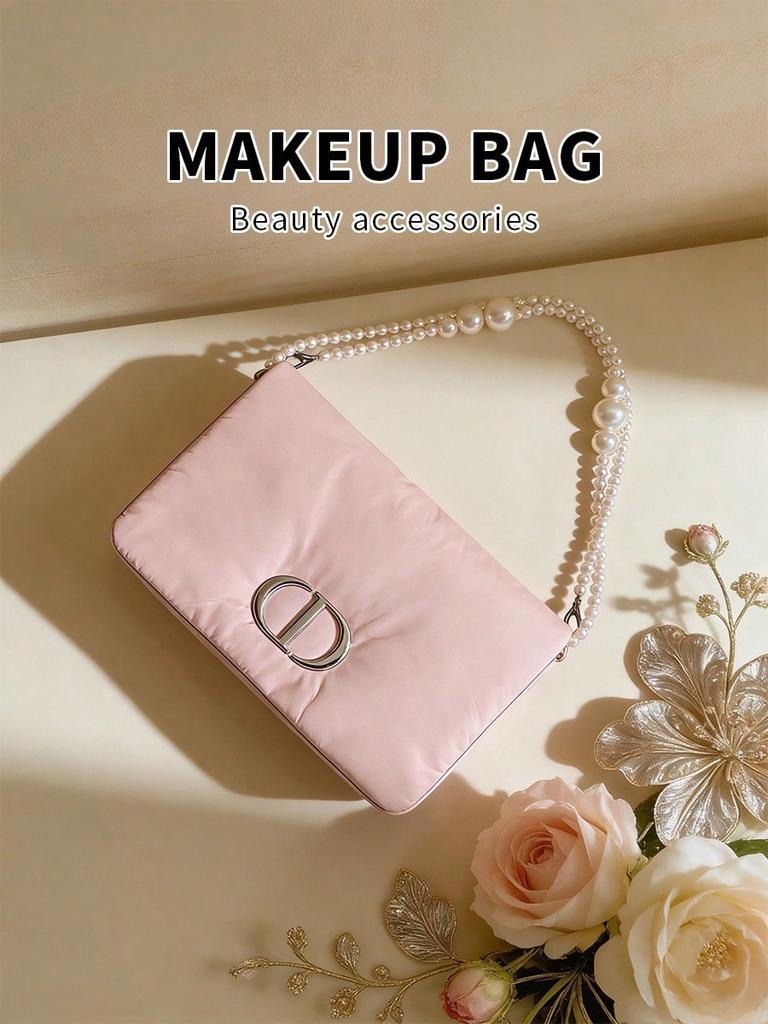 Dior DIY kosmetická taštička, přenosná růžová úložná taštička na kosmetiku s řemínkem na perlový řetízek, velkokapacitní cestovní organizér na kosmetiku pro ženy