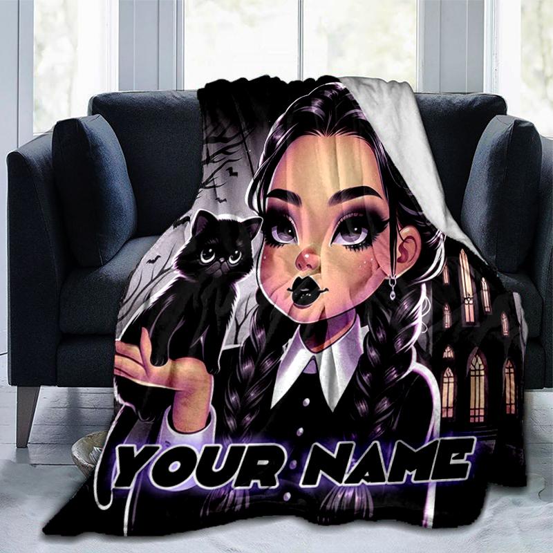 1PC Custom Name Gothic Cat Girl Artwork flannel blanket versatile,all-season throw suitable for the living room,bedroom,camping,travel,and gift