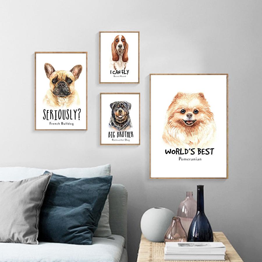 Nordic Simple Cute Dog Basset Hound Rottweiler Pomeranian French Bulldog Text Mural Living Room Sofa Wall Decoration Frameless