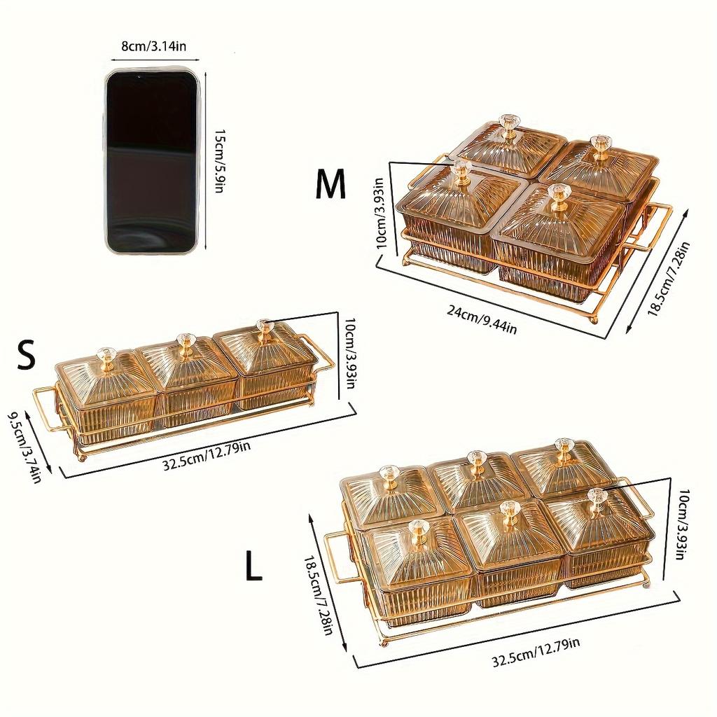 1pc Dried Fruit Salad Plate Snack Dishes Transparent Square Dessert Jar Dish Grid Food Storage Preserved Tray Box Lid Bowl Tableware