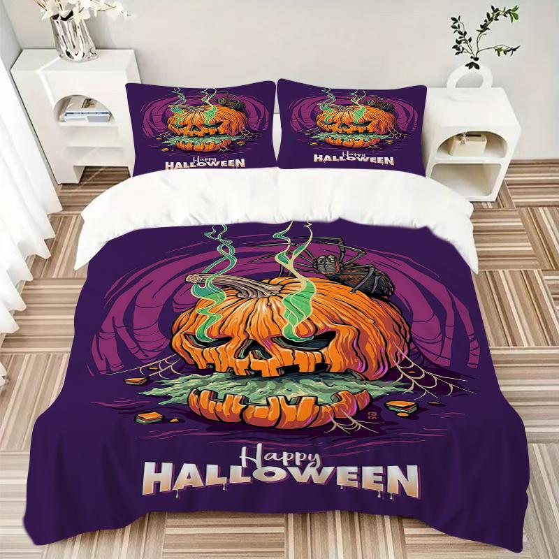 3pcs Spooky Halloween Pumpkin Bedding Set - 1 Soft Quilt Cover + 2 Pillowcases, Machine Washable - Suitable for All Seasons, Perfect Gift Fo
