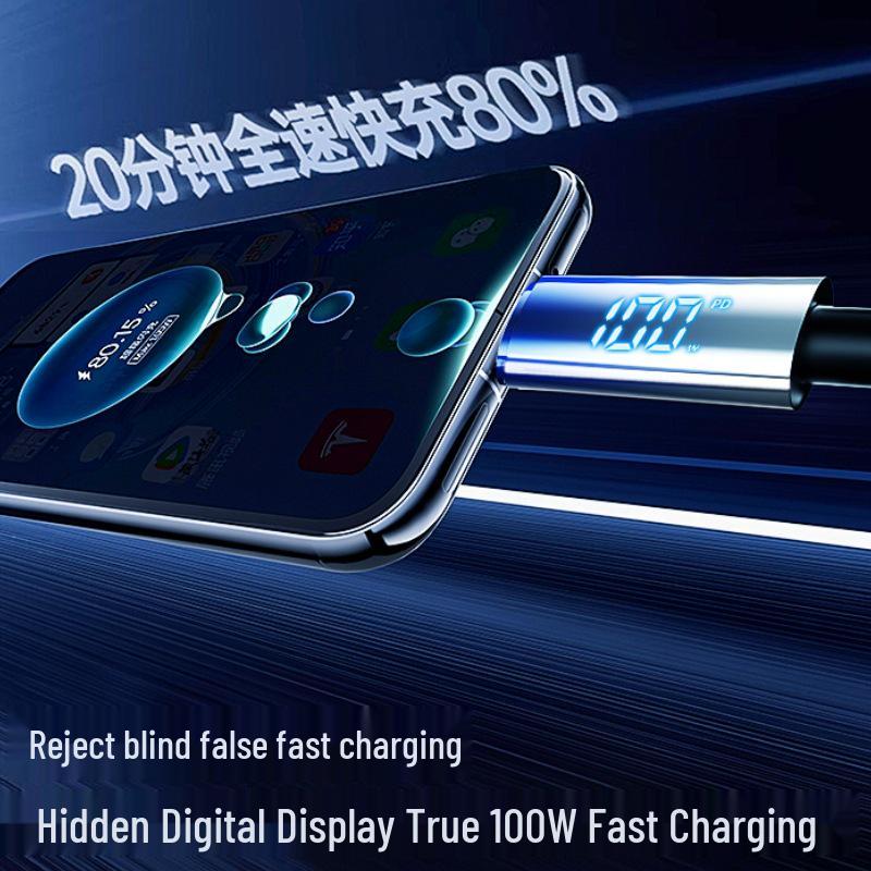 100W Dual Type-C Super Fast Charging Cable with Digital Display for Apple & Huawei (15/16/17) - 6A