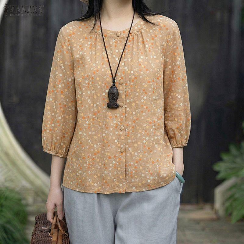 ZANZEA Damen Lässige Runde Hals Polka Dot Druck Locker 3/4 Ärmel Bluse