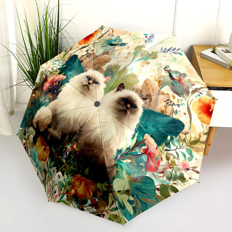 Persian Cat and Plant pattern, automatic folding umbrella, portable and foldable design, 8 ribs, a Christmas or birthday gift.