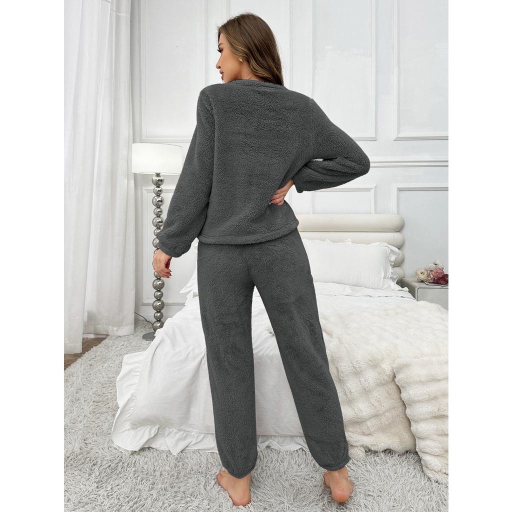 Damen Flauschiger Pyjama Set - Lässiger Rundhalsausschnitt Langarm Besticktes Buchstabenmuster - Teddy Flauschiger Lässiger Pyjama für Winterwärme, Oberteil und Hose