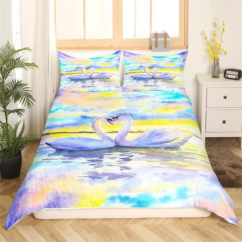 Husa de plapumă cu trandafir roșu și lebădă neagră și albă Cuvertură romantică cu flori Paturi cu animale sălbatice pentru decor cameră de zi Femeie Doamnă Nuntă