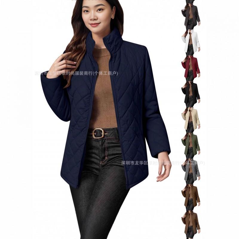 2026 Solid Color Quilted Long Sleeve Cotton Jacket Women Streetwear Mid Length