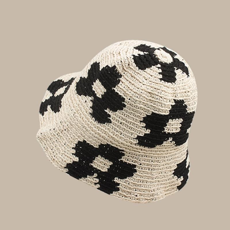 Spring Fisherman Hat for Woman Weaving Bucket Hat Crochet Flower Wide Brims Hat