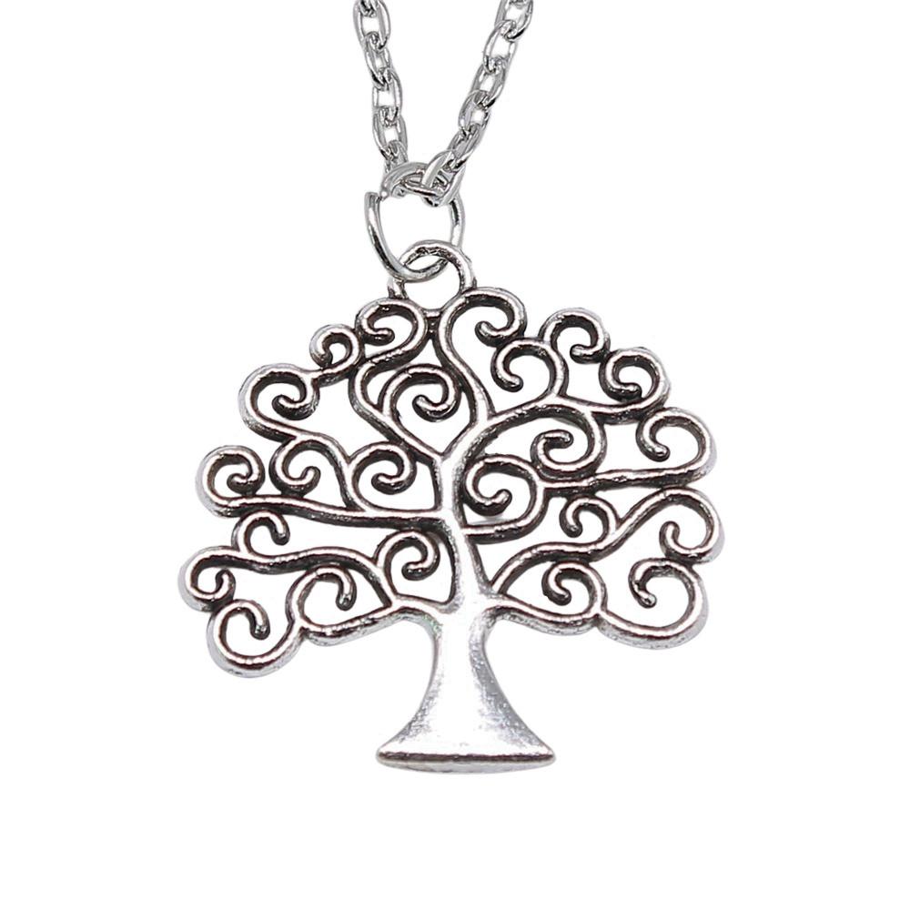 Vintage Rose Flower Charm Necklace Tree Of Life Pendant Antique Jewelry 43cm Chain