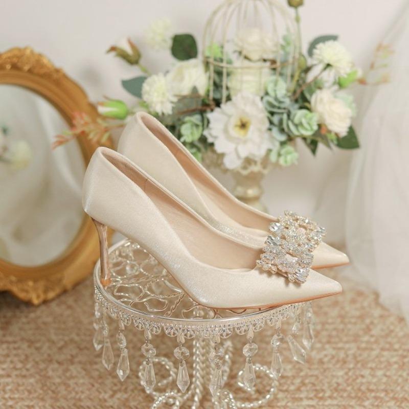 Champagne Colored High Heels Wedding Shoes for Women 2025 New French Cloth Surface Rhinestone Pointed Toe, Slim Heel Shoes Women