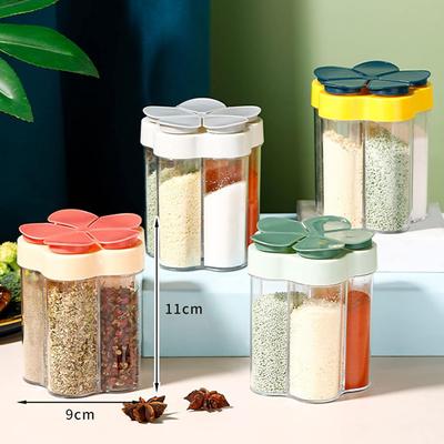 4 in 1 Plastik Salz- und Pfefferstreuer Transparent Gewürzspender 4 Fächer Camping Gewürzglas mit Deckeln zum Kochen BBQ