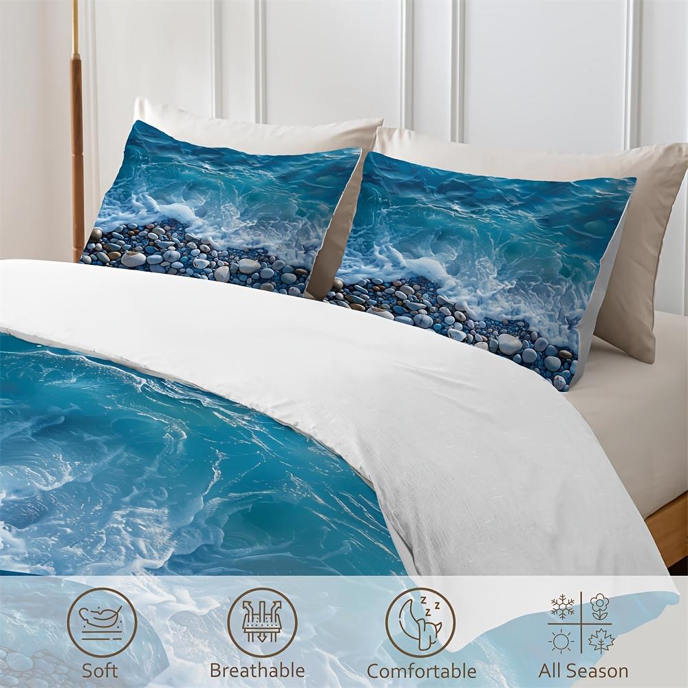 2/3pcs Blue Ocean Wave Pebbles Pattern Duvet Cover Set 1 Duvet Cover 1/3 Pillowcase, Without Core, Soft Beach Pebble Bedding Set