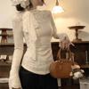 Vintage Lace Patchwork Long Sleeve T Shirts Women Korean Fashion Elegant Slim Lace Up Bow Autumn Winter Tees