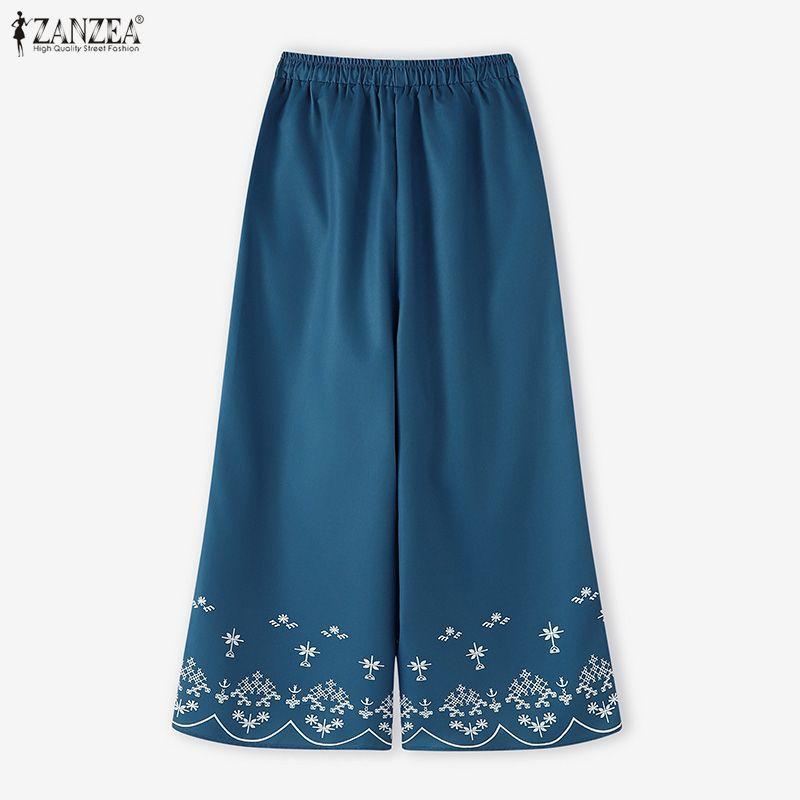 ZANZEA Women Casual Elastic Waist Loose Print Cropped Pants