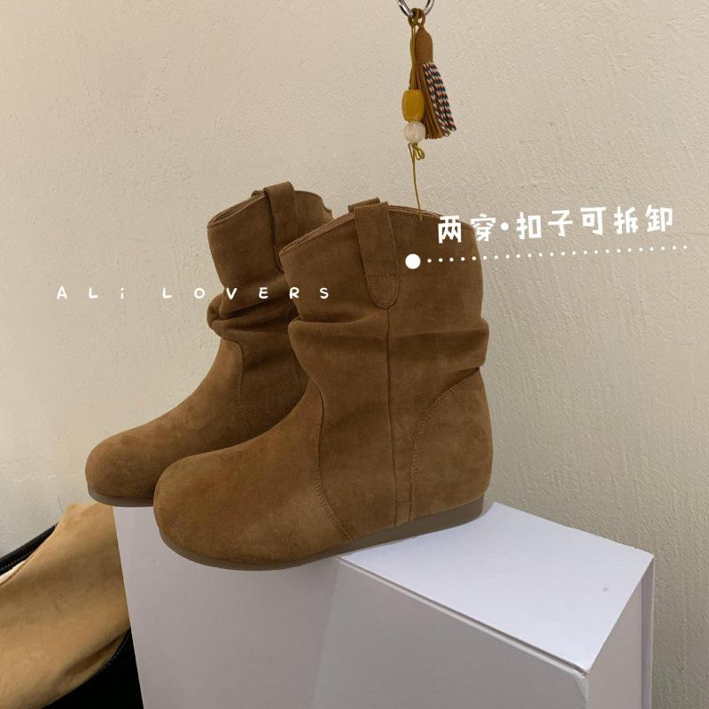 Retro inner heightening short boots 2025 autumn and winter new Birkenstock boots women's slim flat-bottomed short Martin boots