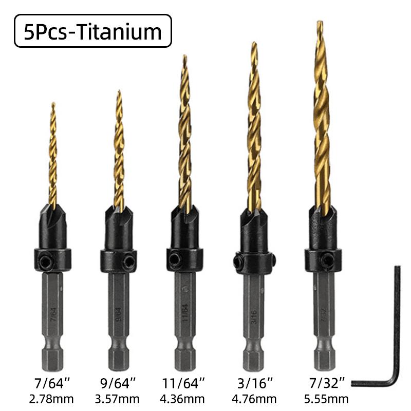 HSS Koniskt försänktsborrsats 1/4" Sexkantsskaft Snickeri Brotsch Stoppkragar Skruvhålsborr Fasning Träbearbetningsverktyg