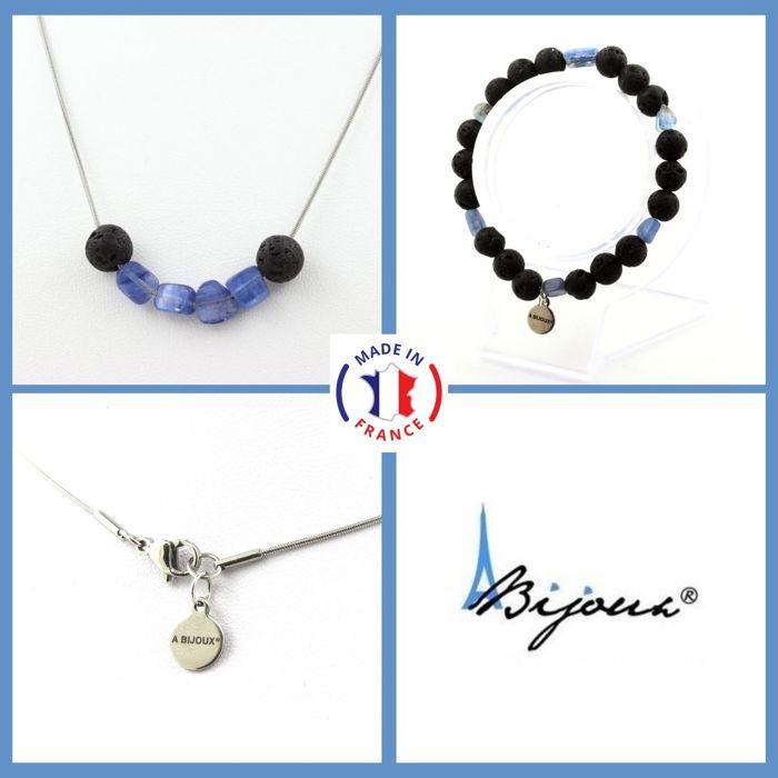 Pierres et Minéraux. Parure bijoux Bracelet Collier Perles Cyanite bleu du Brésil + Lave 8 Taille personnalisable.