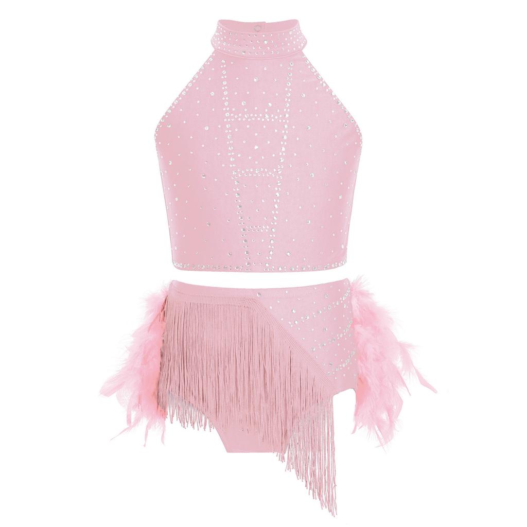 Girls Shiny Tassel Feather Latin Dress Halter Sleeveless Strappy Back Crop Top Skirt Set