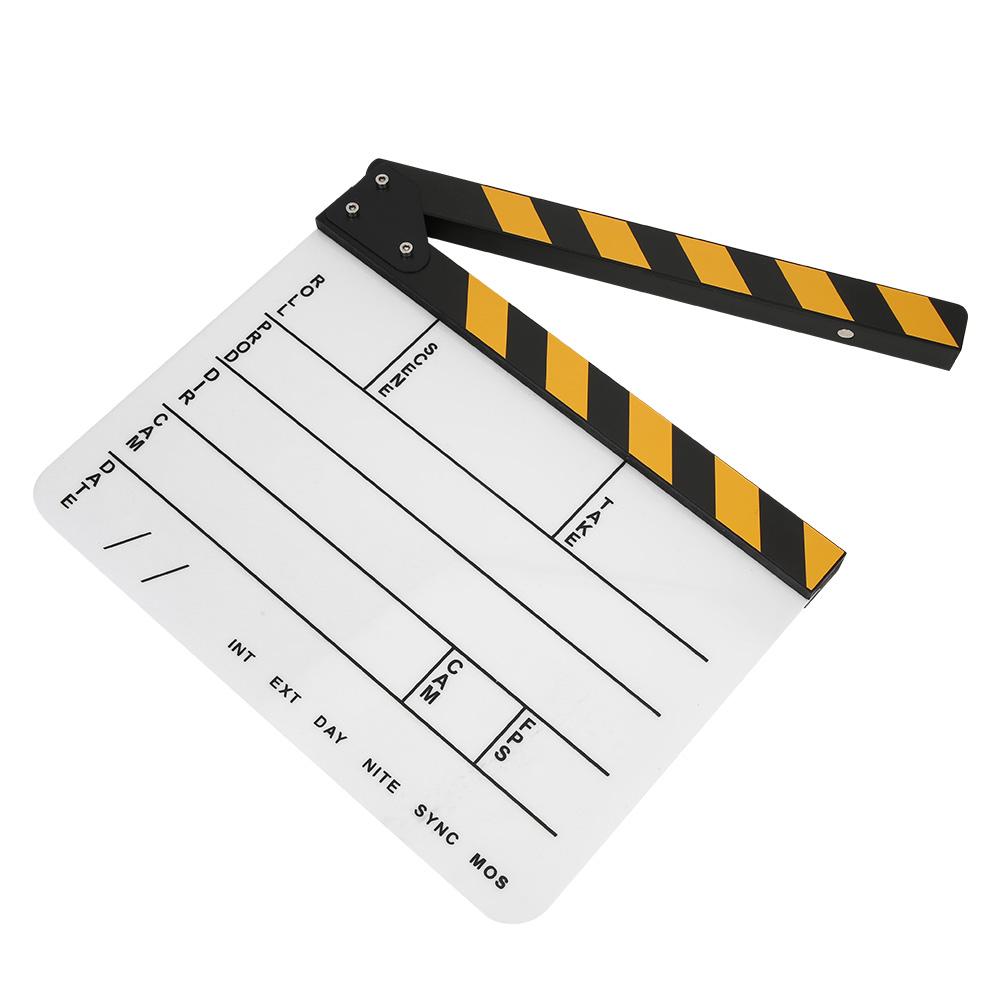 Claquoir de cinéma en acrylique 30x25CM Outil professionnel de réalisateur Action Clap Photographie de film(Tableau Blanc à Rayures Jaunes;PAV1YWE4: )