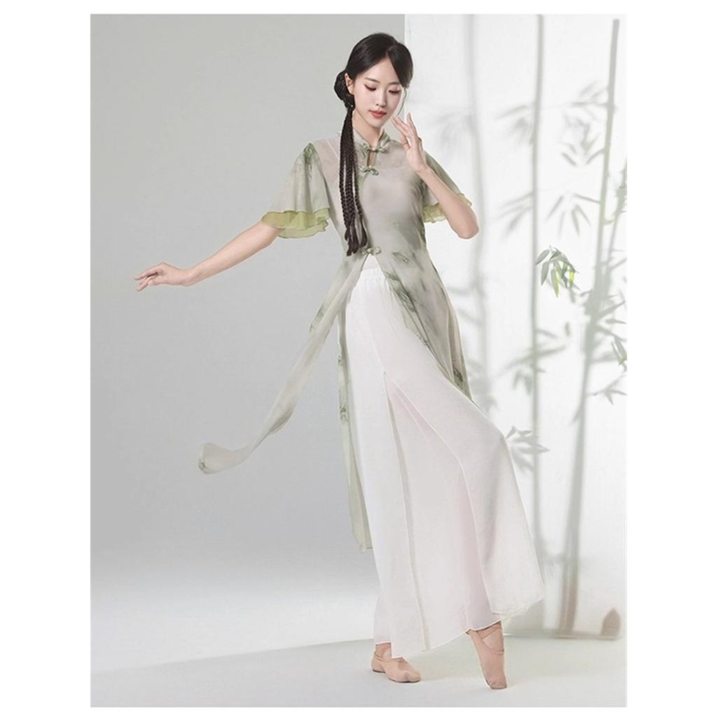 Women's Chinese Traditional Dance Dress, Bamboo Print Cheongsam Style Flowy Practice Costume For Tea Art & Folk Dance