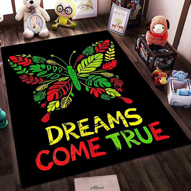 Colorful Butterfly Carpet with "Dreams Come True" Text on Black Suitable for use as an anti-slip for living room bedroom sofas