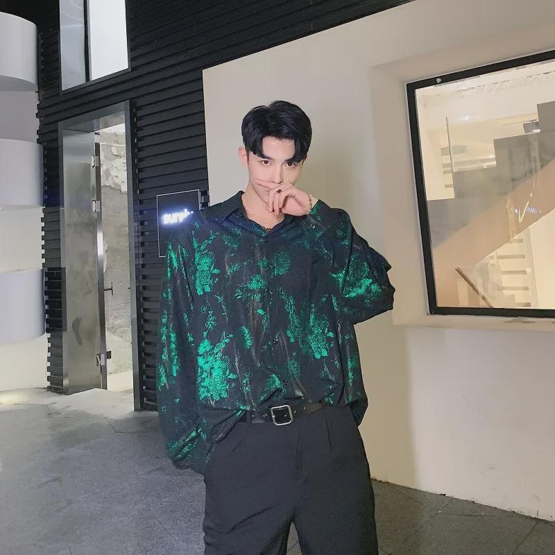 Pánská retro lesklá westernová košile s potiskem růží - Volná, trendy top kadeřníka ve stylu celebrit