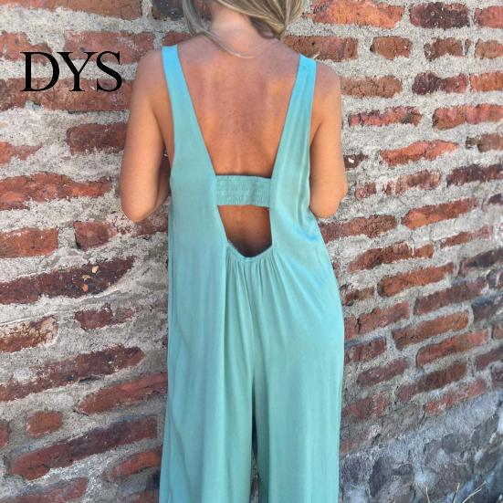 Suspenders Jumpsuit Summer Women V Neck Sleeveless Loose Wide Leg Button Decor Pure Color Deep Crotch with Side Pockets Casual Vacation Homewear