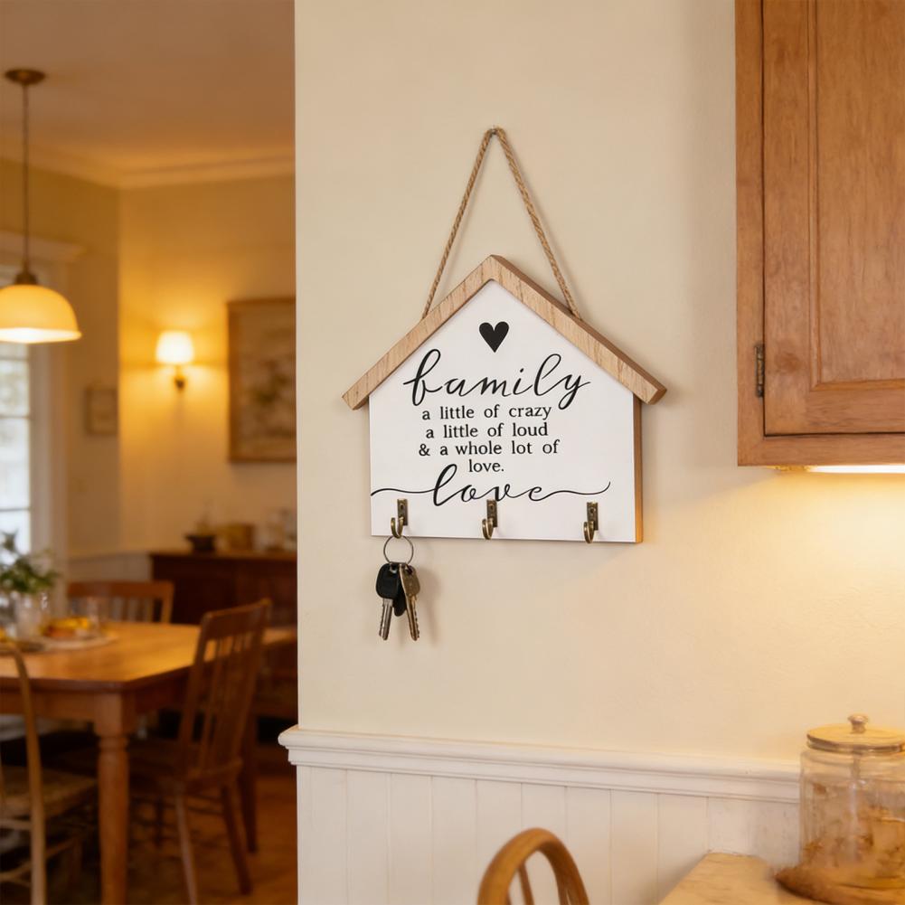 House-shaped Key Rack Wall Wooden Key Holder with 3 Hooks Decorative Key Organizer Mail Rack with Shelves for Entryway Kitchen