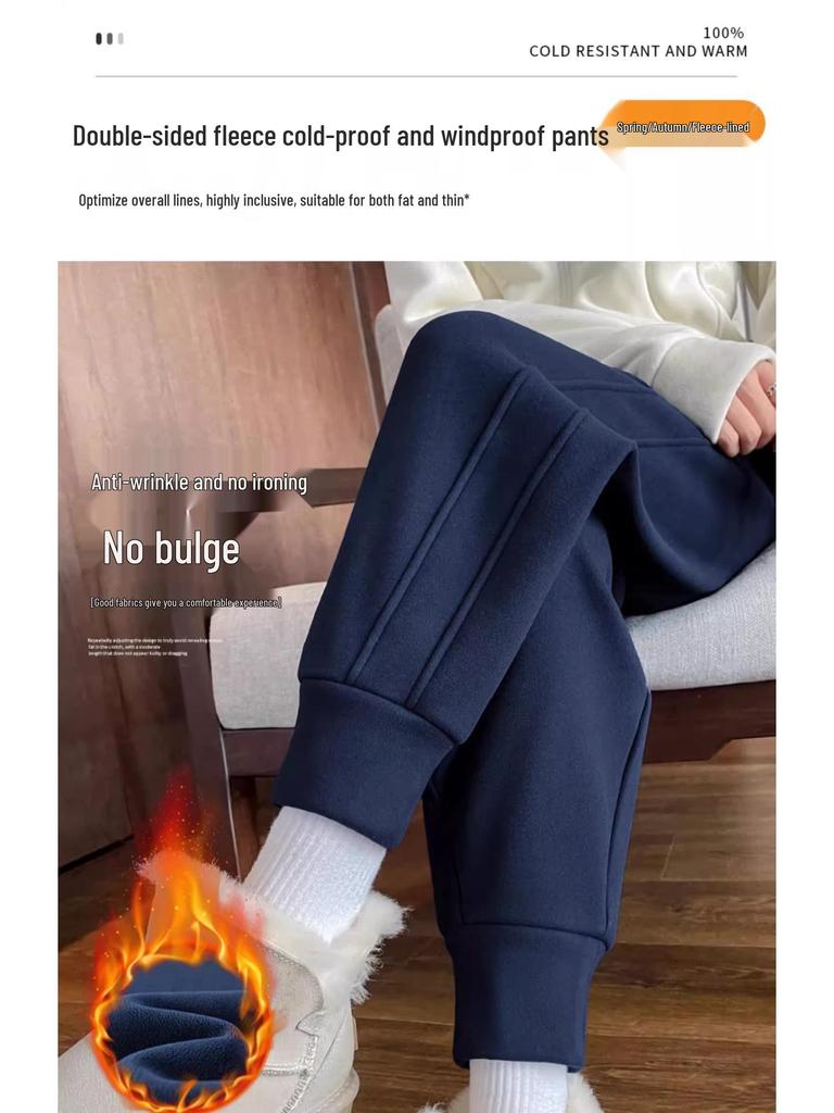 Women's Dark Blue Fleece-Lined Windproof Harem Sweatpants - Loose, Cuffed, Thick, and Warm for Autumn and Winter