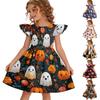 Girls Halloween Dress Flutter Sleeve Dress with Pumpkin Ghost Cat Print Patchwork Design Kids Party Dress Toddler Costume Dress
