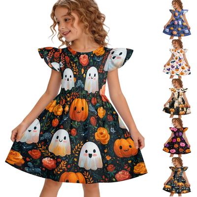Girls Halloween Dress Flutter Sleeve Dress with Pumpkin Ghost Cat Print Patchwork Design Kids Party Dress Toddler Costume Dress