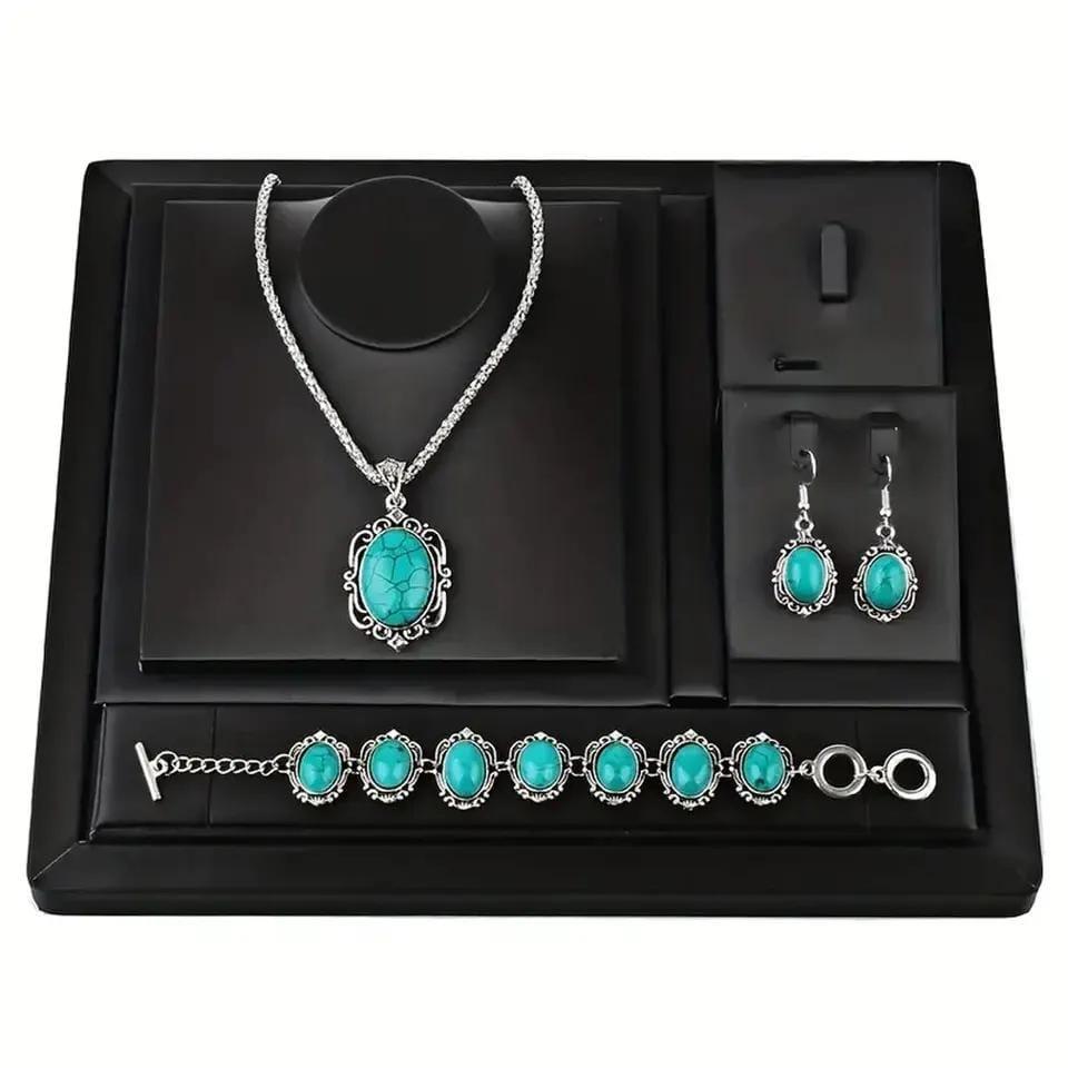 3 Pieces Women's Vintage Turquoise Bracelet Necklace Earrings Set, Healing Stone Decoration Gift (No Box)