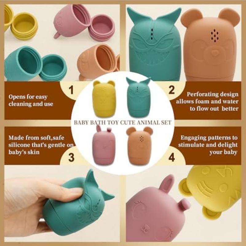 Baby Bath Toys Set - 4 Pack Soft Silicone Bathtub Toys Floating Water Toys, Sensory Squeeze Toys for Toddlers, Cute Animal Shapes Pool Toys