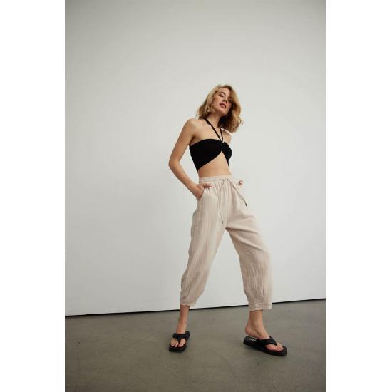 Pantaloni de jogging de damă, cu șireturi, cu talie elastică, amestec de in