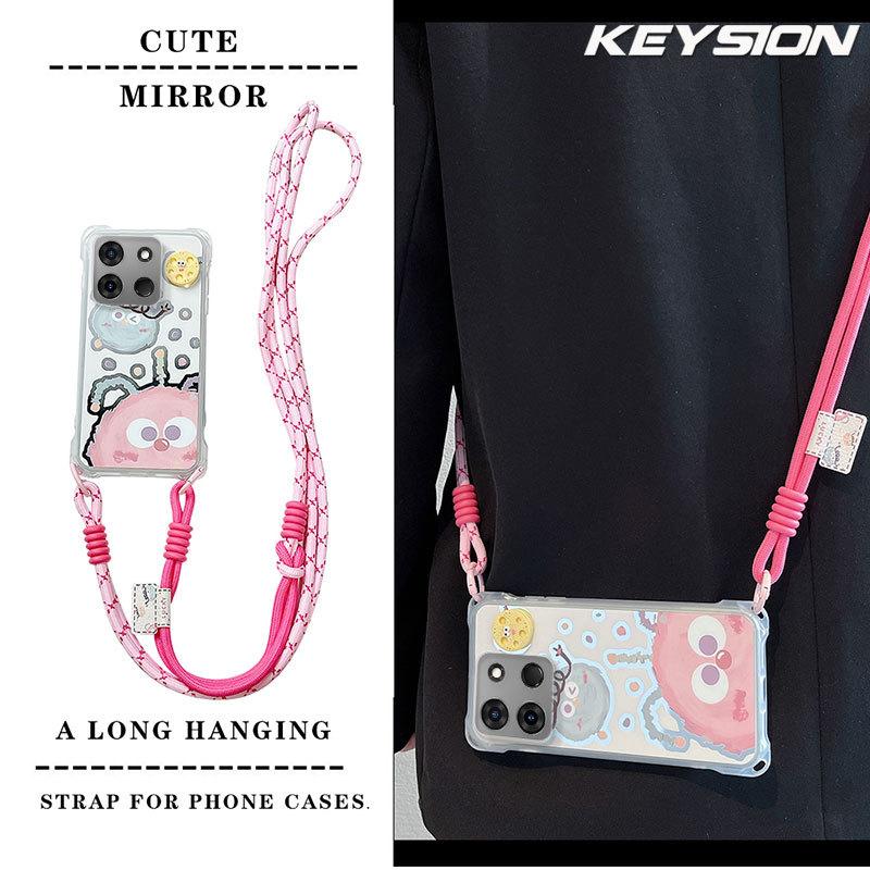 KEYSION Crossbody Strap Phone Case for TECNO Spark Go 2023 Pop 7 Pro Cute Cartoon Long Lanyard Mirror Shockproof Cover for Infinix Smart 7