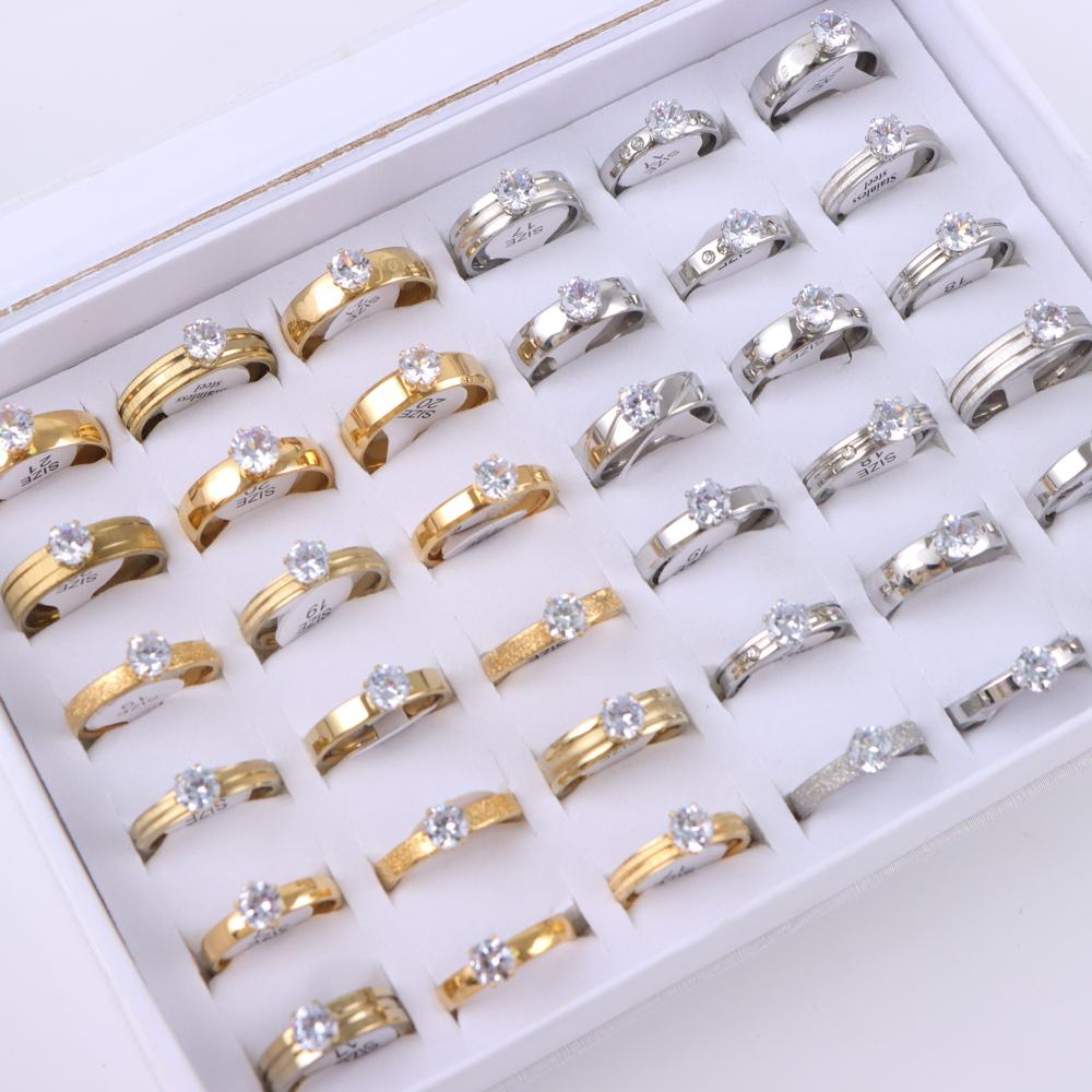

10/20/30/50Pcs/Lot Fashion Elegant Inlaid Stainless Steel Ring With Rhinestone High-end Women s Proposal Engagement Jewelry Gift mix size17-21mm&10pieces